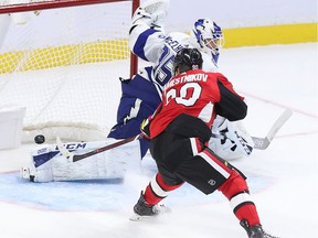 Vladislav Namestnikov scores his first goal as a Senator to put the team up by a goal in the third period as the Ottawa Senators would go on to beat the Tampa Bay Lightning 4-2 in NHL action at the Canadian Tire Centre. Photo by Wayne Cuddington / Postmedia