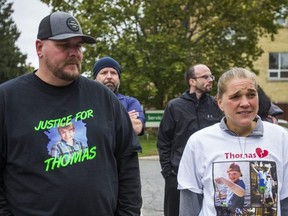 Jamie Rancourt, father of Thomas Rancourt and Jennifer Hooper. maternal aunt to Thomas Rancourt, outside of court following the sentencing of impaired canoeist David Sillars in Bracebridge, Ont. on Friday October 4, 2019. Sillars has been sentenced to six years in prison for the drunk canoeing that led to the death of eight-year-old Thomas Rancourt.