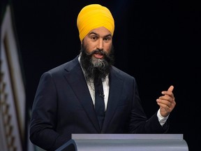 NDP Leader Jagmeet Singh speaks during the Federal Leaders Debate in Gatineau, Que., on Oct. 7, 2019.
