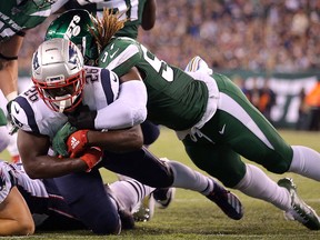 New England Patriots running back Sony Michel (26) dives for a touchdown against New York Jets linebacker C.J. Mosley (57) at MetLife Stadium. (Brad Penner-USA TODAY Sports)
