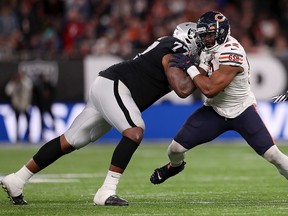 Trent Brown of the Oakland Raiders blocks Khalil Mack of the Chicago Bears at Tottenham Hotspur Stadium on October 6, 2019 in London. (Naomi Baker/Getty Images)