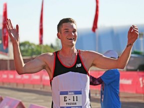 Calgary's Trevor Hofbauer won the Centaur Subaru Half Marathon event at the Scotiabank Calgary Marathon at Stampede Park on May 27, 2018.