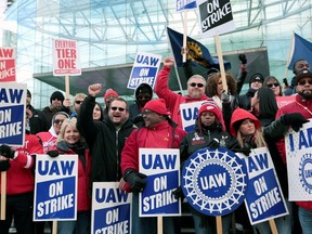 Striking United Auto Workers (UAW) members rally in front of General Motors World headquarters in Detroit, Michigan, U.S., October 17, 2019.