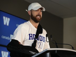 Winnipeg Blue Bombers quarterback Matt Nichols speaks with media about surgery on his throwing shoulder which will keep him out for the reason of the season, at IG Field in Winnipeg on Tues., Oct. 1, 2019. Kevin King/Winnipeg Sun/Postmedia Network