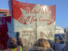 Local residents welcomed back the United We Roll convoy on Monday, Feb. 25, 2019 on their return from their protest in Ottawa, Ont.