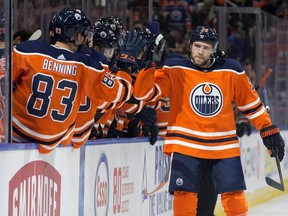Oilers' Leon Draisaitl celebrates his goal against the Flyers last month. (DAVID BLOOM/Postmedia Network)