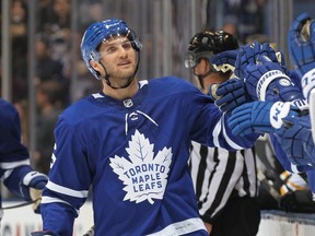 Alexander Kerfoot #15 of the Toronto Maple Leafs celebrates a goal against the Boston Bruins during an NHL game at Scotiabank Arena on October 19, 2019 in Toronto. (Photo by Claus Andersen/Getty Images)