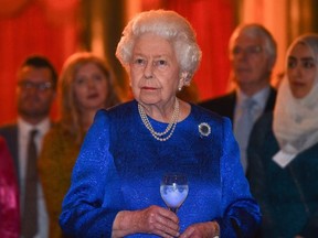 Queen Elizabeth II attends a reception to celebrate the work of the Queen Elizabeth Diamond Jubilee Trust at Buckingham Palace on October 29, 2019 in London, England.
