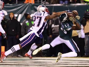 J.C. Jackson, left, of the New England Patriots defends against Nelson Agholor of the Philadelphia Eagles who can't make the catch for a touchdown in the fourth quarter at Lincoln Financial Field on Nov. 17, 2019 in Philadelphia, Pa. (Corey Perrine/Getty Images)