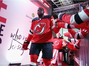 New Jersey Devils defenceman P.K. Subban heads for ice and pregame warmup before NHL game against the Arizona Coyotes at the Prudential Center in Newark, N.J., on Oct. 25, 2019.