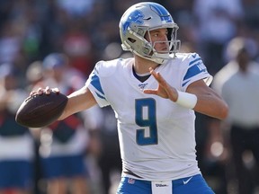 Matthew Stafford of the Detroit Lions drops back to pass against the Oakland Raiders during the second quarter of an NFL football game at RingCentral Coliseum on November 03, 2019 in Oakland, California.