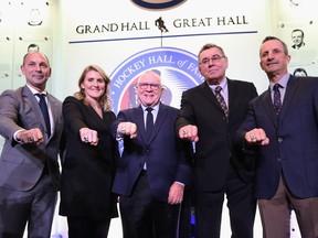 From left, the Hockey Hall of Fame class of 2019: Sergei Zubov, Hayley Wickenheiser, Jim Rutherford, Vaclav Nedomansky and Guy Carbonneau. The five legends received their Hall of Fame rings yesterday.  Bruce Bennett/Getty Images