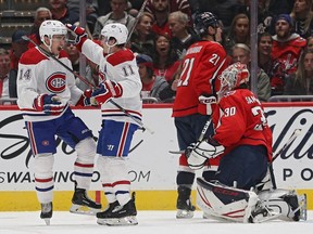 Canadiens' Nick Suzuki celebrates his goal against the Washington Capitals during the second period at Capital One Arena on Saturday, Nov. 15, 2019, in Washington, D.C.