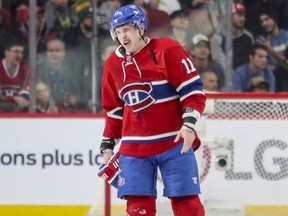 Montreal Canadiens' Brendan Gallagher winces as he skates off the ice during game against the Anaheim Ducks in Montreal on Dec. 20, 2016.