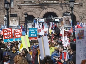 At a rally at Queen's Park in the spring, thousands of teachers, students and unions came out to protest the Ford government.