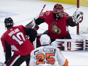 Senators goaltender Anders Nilsson makes a save during a Flyers power play late in the third period on Friday Nov. 15, 2019 in Ottawa.