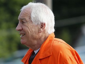 Jerry Sandusky enters the Centre County Courthouse to appeal his child sex abuse conviction on August 12, 2016 in Bellefonte, Pennsylvania.