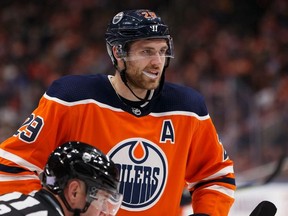 Edmonton Oilers' Leon Draisaitl faces off against the Arizona Coyotes during the second period of a NHL hockey game at Rogers Place in Edmonton, on Monday, Nov. 4, 2019.