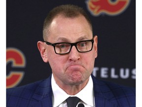 Calgary Flames GM Brad Trelving speaks to media in Clagary at the Saddledome on Friday, November 29, 2019. The NHL team officially announced Bill Peters will no longer coach the team and it has accepted Peters' resignation. Jim Wells/Postmedia