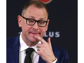 Calgary Flames GM Brad Trelving speaks to media in Calgary at the Saddledome on Friday, November 29, 2019. The NHL team officially announced Bill Peters will no longer coach the team and it has accepted Peters' resignation. Jim Wells/Postmedia