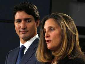 Prime Minister Justin Trudeau, left, and Minister of Foreign Affairs Chrystia Freeland speak at a press conference to announce the new USMCA trade pact between Canada, the United States, and Mexico in Ottawa, October 1, 2018. (PATRICK DOYLE / AFP)PATRICK DOYLE/AFP/Getty Images)