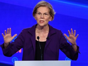 In this file photo taken on October 15, 2019 Democratic presidential hopeful Massachusetts Senator Elizabeth Warren speaks during the fourth Democratic primary debate of the 2020 presidential campaign season co-hosted by The New York Times and CNN at Otterbein University in Westerville, Ohio.