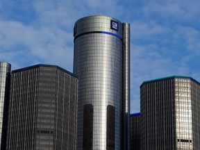 In this file photo taken on January 14, 2014 General Motors headquarters in the Renaissance Center is seen in Detroit. - General Motors is suing Fiat Chrysler, alleging its rival benefitted from bribes to auto union officials that gave FCA an unfair benefit in labor talks, GM announced on November 20, 2019.