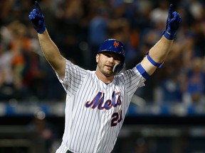 Pete Alonso of the New York Mets reacts after his third inning home run against the Atlanta Braves at Citi Field on Sept. 28, 2019, in New York City.