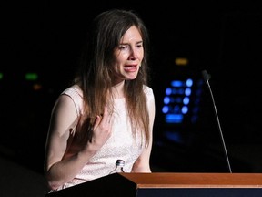 Amanda Knox cries as she speaks at the Criminal Justice Festival in Modena, Italy, on June 15, 2019.