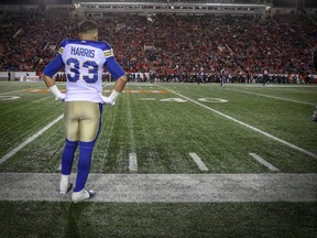 Running back Andrew Harris looks on after the Blue Bombers were defeated by the the Calgary Stampeders in the 2018 West final. (Al Charest/Postmedia Network Files)