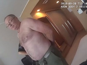 Andrew Collins is pictured being arrested by Denver police in a screengrab taken from police bodycam footage. (Denver Police Department)