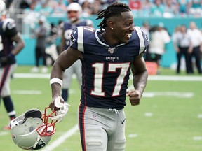 New England Patriots wide receiver Antonio Brown (17) celebrates against the Miami Dolphins at Hard Rock Stadium. (Kirby Lee-USA TODAY Sports)