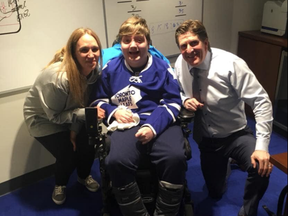 Sarah Orr and her son Owen Reid got to spend time with former Maple Leafs coach Mike Babcock before a game against the Montreal Canadiens on April 7, 2018. (supplied photo)