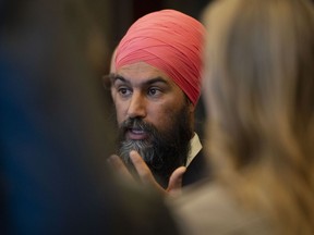 NDP leader Jagmeet Singh speaks during a media availability on Parliament Hill in Ottawa on Wednesday, Nov. 13, 2019.
