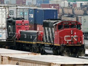 Trains are seen in the yard at the at the CN Rail Brampton Intermodal Terminal after Teamsters Canada union workers and Canadian National Railway Co. and failed to resolve contract issues, in Brampton, Ontario, Canada November 19, 2019.