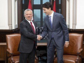 Prime Minister Justin Trudeau meets with King Abdullah II of Jordan on Parliament Hill in Ottawa, Monday Nov. 18, 2019.