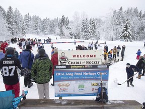 Fans and players attend the Long Pond Heritage Classic in Windsor, N.S. on Saturday, Jan. 30, 2016.