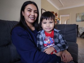Miranda McLeod poses with her son Tanner in their Winnipeg home. The five-year-old awaits a suitable donor for a stem cell transplant after being diagnosed with a rare form of anemia.