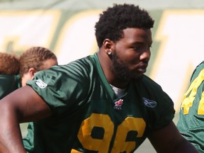 Daniel Ross takes part in an Edmonton Eskimos team practice at Commonwealth Stadium, in Edmonton, on July 3, 2014. (David Bloom/Edmonton Sun/Postmedia Network)