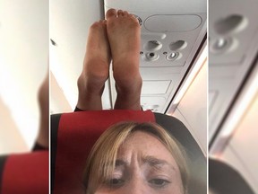 In a picture uploaded to Reddit, an airline passenger's feet can be seen resting on a headrest of another passenger. (Reddit)