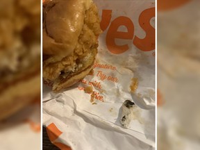 Popeyes restaurant patron Jeremy Merdinger claims he found a joint in his chicken sandwich. (Twitter)