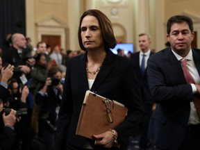 Fiona Hill, former senior director for Europe and Russia on the National Security Council, departs after testifying at a House Intelligence Committee hearing as part of the impeachment inquiry into U.S. President Donald Trump on Capitol Hill in Washington, D.C., on Thursday, Nov. 21, 2019.