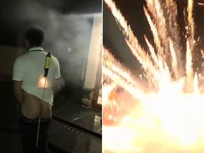 In a video posted to Twitter, a man can be seen launching a firework that was wedged between his butt cheek. (Twitter)