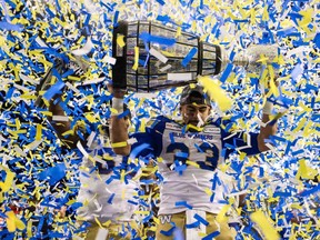 Nov 24, 2019; Calgary, Alberta, CAN; Winnipeg Blue Bombers running back Andrew Harris (33) celebrate win over Hamilton Tiger-Cats during the 107th Grey Cup championship football game at McMahon Stadium. Mandatory Credit: Sergei Belski-USA TODAY Sports