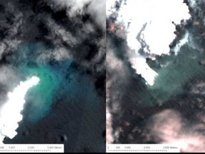 An island was created in the Pacific Ocean near Tonga after an undersea eruption. A small island sunk in the process. (Twitter)