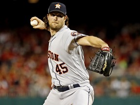 Houston Astros starting pitcher Gerrit Cole pitches during the first inning against the Washington Nationals in game five of the 2019 World Series at Nationals Park. (Geoff Burke-USA TODAY Sports)