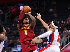 Kevin Porter Jr. of the Cleveland Cavaliers takes a second half jump shot over Bruce Brown of the Detroit Pistons at Little Caesars Arena on October 11, 2019 in Detroit, Michigan.  (Gregory Shamus/Getty Images)