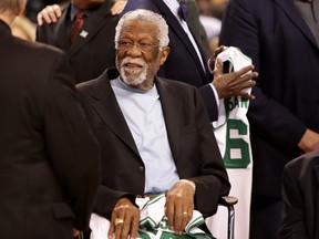 Member of the Boston Celtics 1966 Championship team Bill Russell is honoured at halftime of the game between the Boston Celtics and the Miami Heat at TD Garden on April 13, 2016 in Boston. (Mike Lawrie/Getty Images)