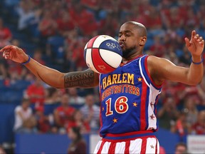 Scooter Christensen of the Harlem Globetrotters performs before the round 19 NBL match between the Perth Wildcats and the Cairns Taipans at Perth Arena on Feb. 18, 2018 in Perth, Australia.  (Paul Kane/Getty Images)