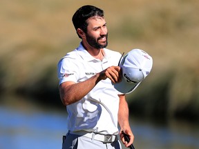 Adam Hadwin of Canada reacts after putting on the 18th green during the final round of the Shriners Hospitals for Children Open at TPC Summerlin on Oct. 6, 2019 in Las Vegas.